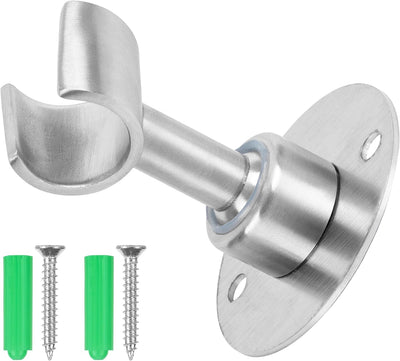 Adjustable handheld shower head holder bracket with mounting screws and wall anchors.