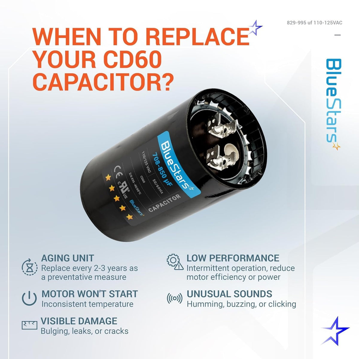 Infographic showing a round motor start capacitor with replacement signs for aging, low performance, and motor failure.