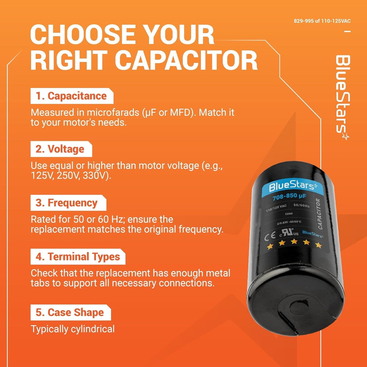 Infographic showing how to choose a round motor start capacitor with specifications and compatibility guide.