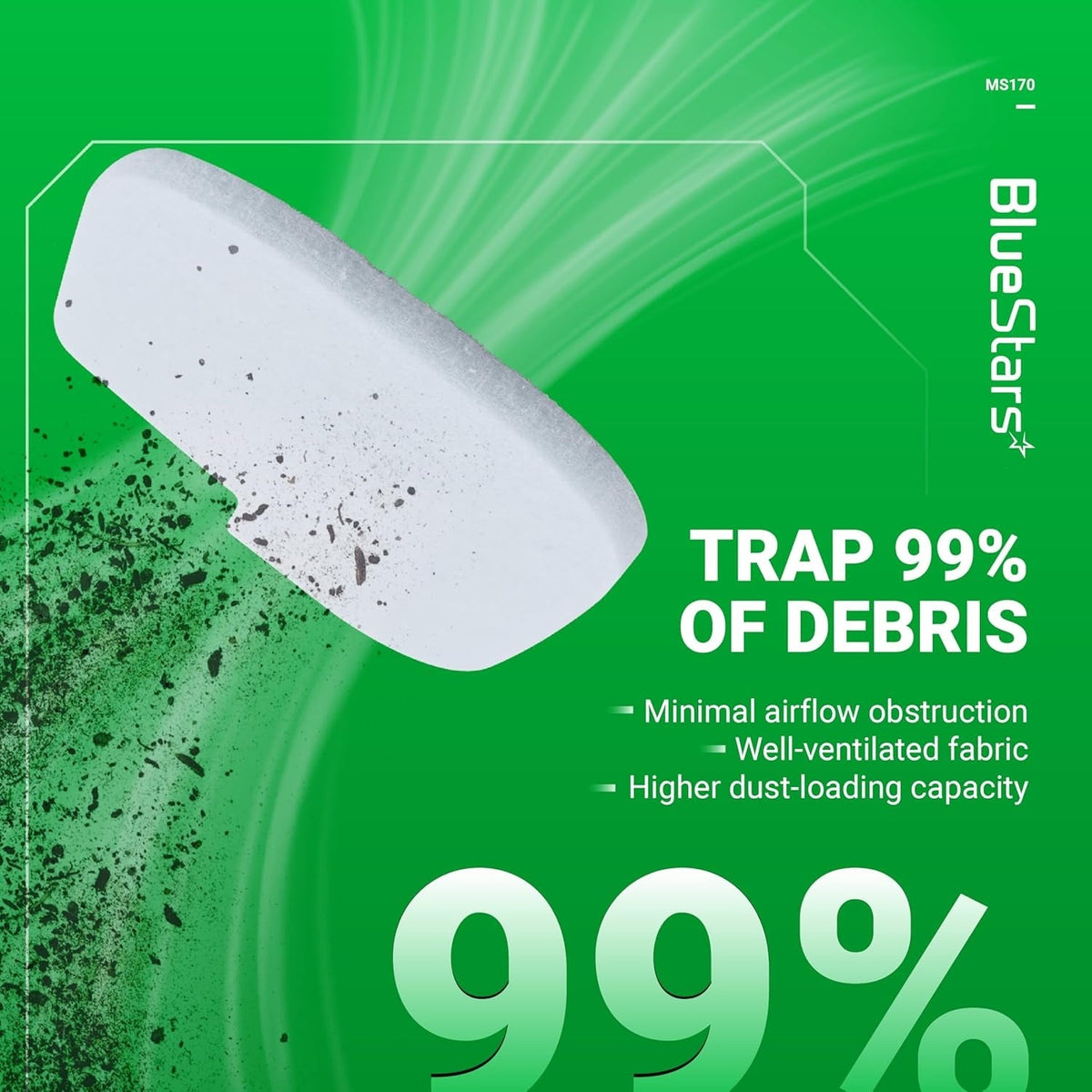 BlueStars air filter for Stihl MS170 MS180 chainsaw showing debris trapping efficiency and airflow benefits.