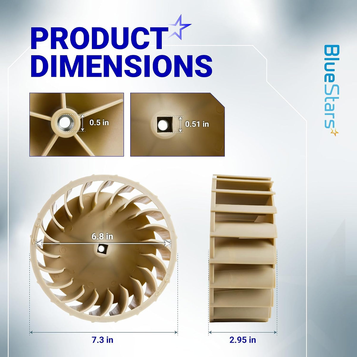 Dimensional diagram showing measurements of the 697772 dryer blower wheel for Whirlpool, Maytag, and Kenmore dryers.