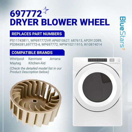 697772 dryer blower wheel replacement part for Whirlpool, Maytag, and Kenmore dryers with compatibility information.