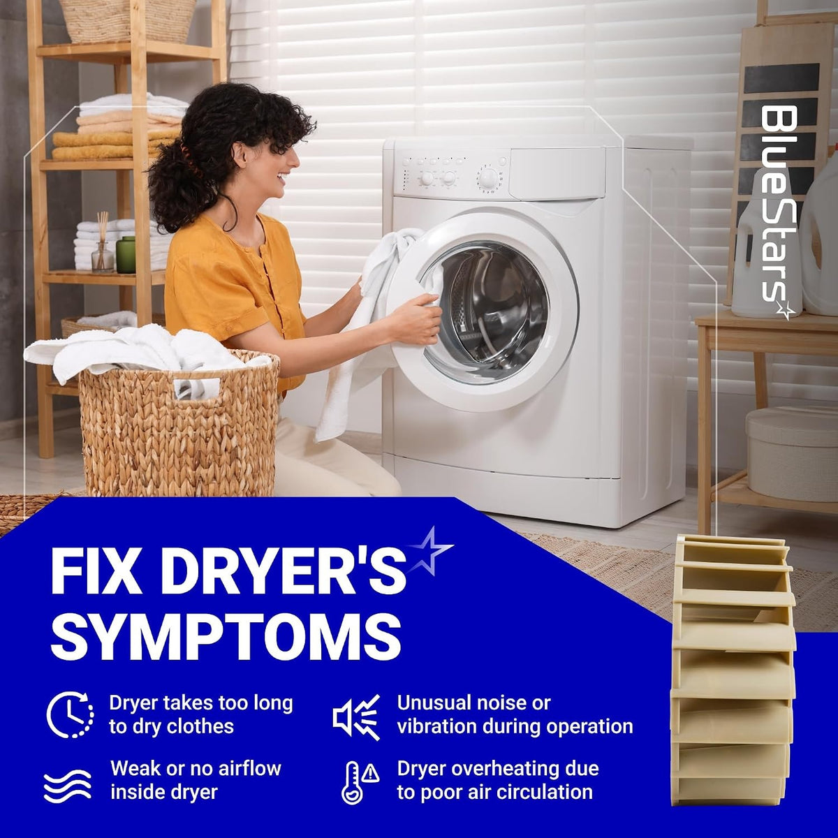 Infographic showing 697772 dryer blower wheel and common dryer symptoms like noise, overheating, and poor airflow.