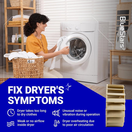 Infographic showing 697772 dryer blower wheel and common dryer symptoms like noise, overheating, and poor airflow.