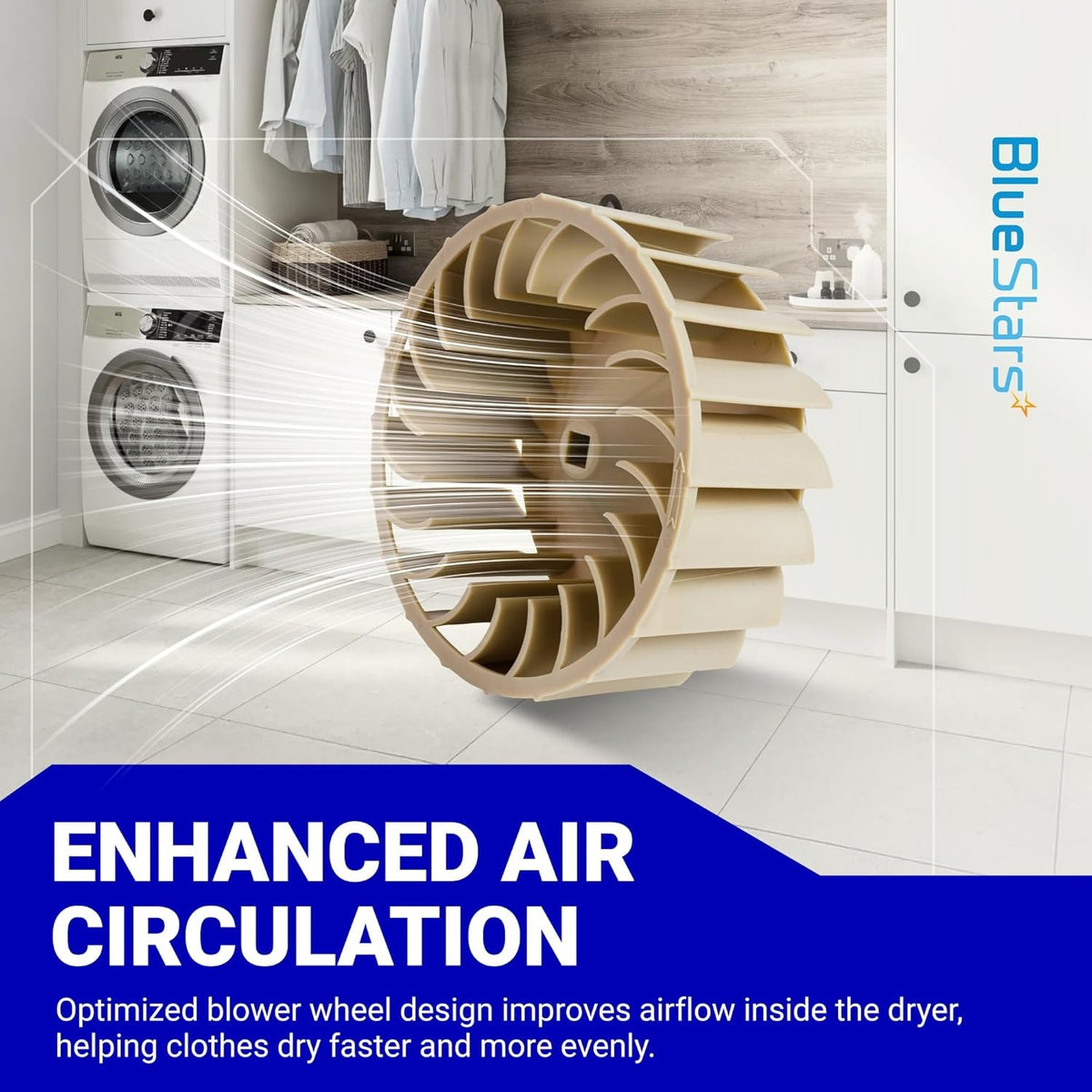 697772 dryer blower wheel showing enhanced air circulation design for improved dryer performance.