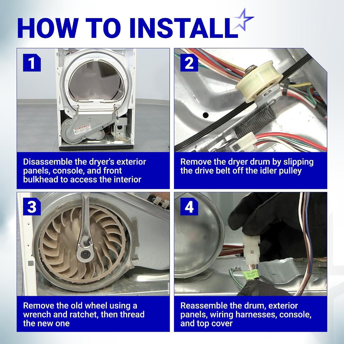 Four-step installation guide for replacing a dryer blower wheel on Whirlpool, Maytag, and Kenmore dryers.