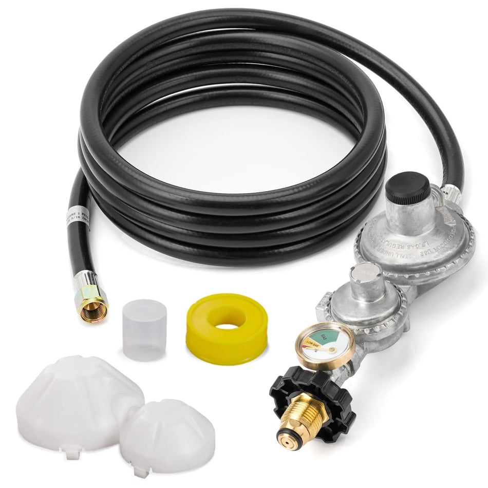[CSA Certified] 10FT Two Stage Propane Regulator Hose and Gauge - Standard P.O.L Tank Connection and 3/8in Female Flare Fitting for Grill Heaters Fire Pit Gas Stove Generator