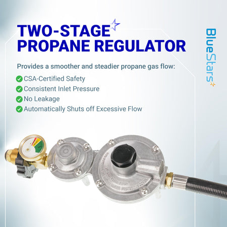 Two-stage propane regulator with integrated gas pressure gauge and P.O.L. tank connection.