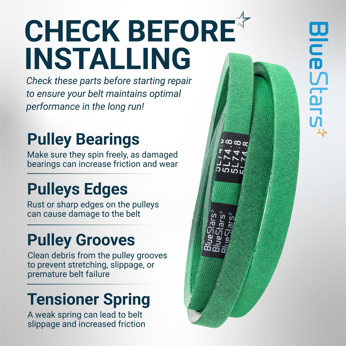 BlueStars green replacement drive belt with installation checklist for pulley bearings, edges, grooves, and tensioner.