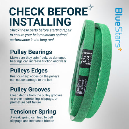 BlueStars green replacement drive belt with installation checklist for pulley bearings, edges, grooves, and tensioner.