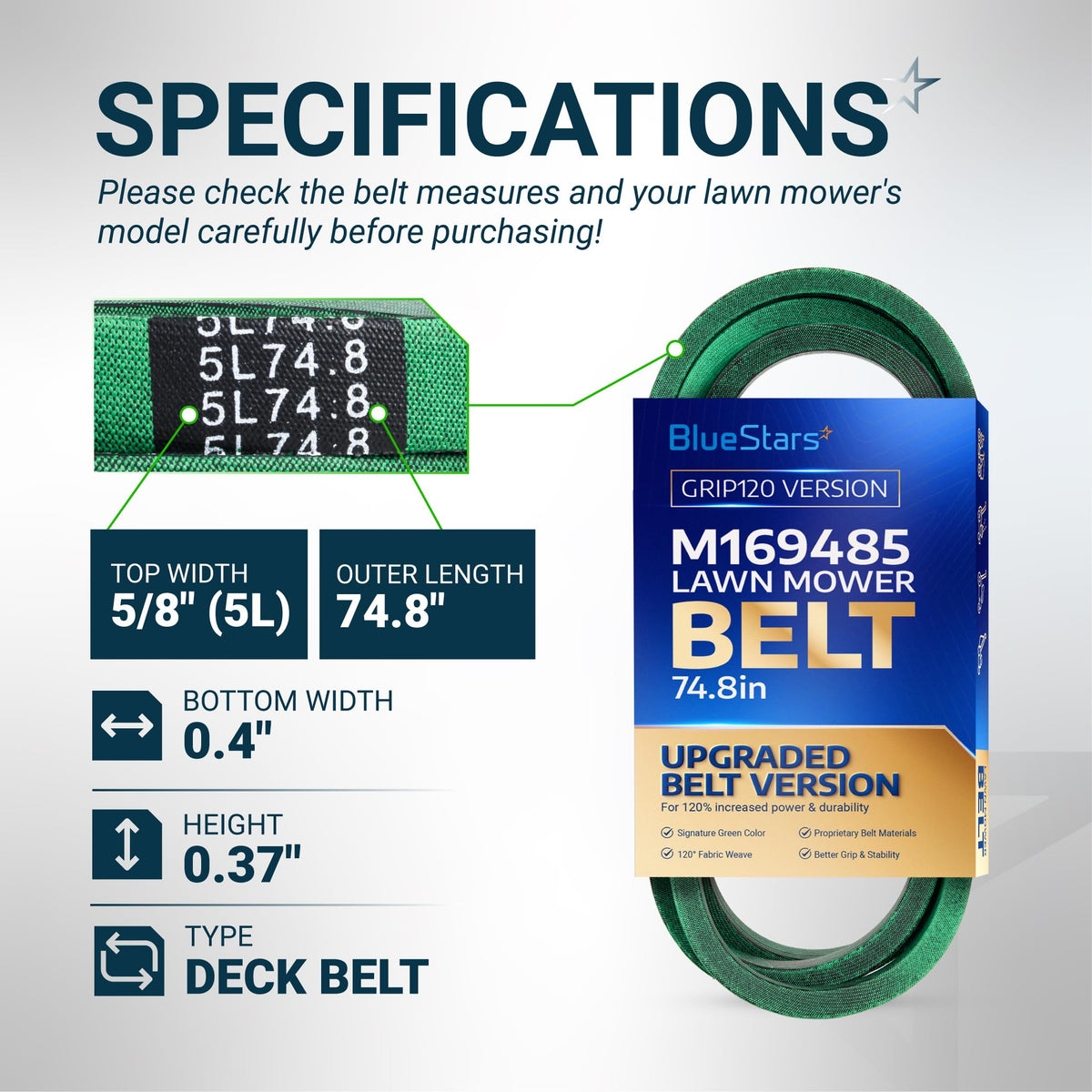BlueStars M169485 lawn mower deck belt specifications chart showing dimensions and 5L74.8 size markings.