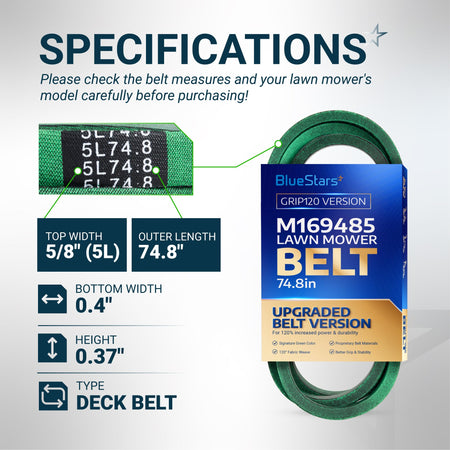 BlueStars M169485 lawn mower deck belt specifications chart showing dimensions and 5L74.8 size markings.