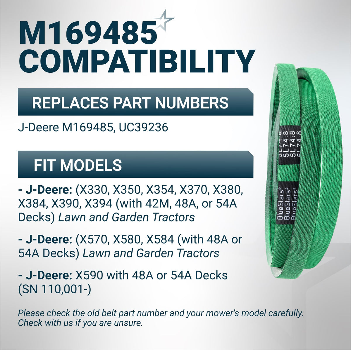Green replacement mower deck belt M169485 for John Deere lawn and garden tractors with compatibility chart.
