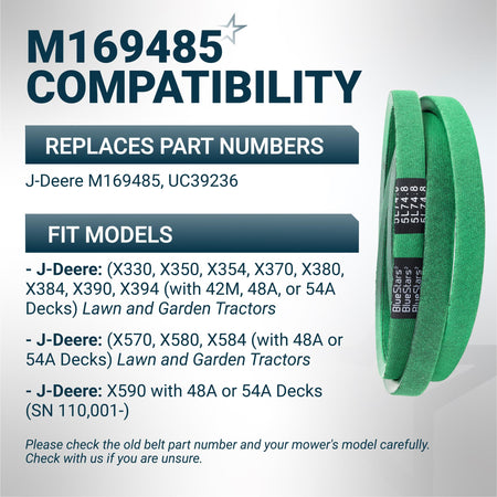 Green replacement mower deck belt M169485 for John Deere lawn and garden tractors with compatibility chart.