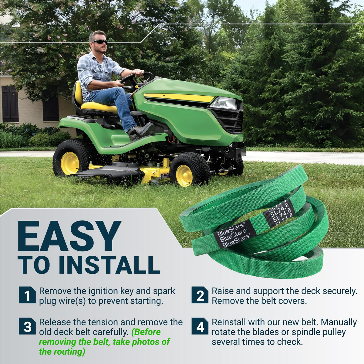 Green replacement mower deck belt with installation instructions and a riding lawn mower in the background.