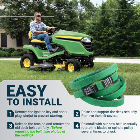 Green replacement mower deck belt with installation instructions and a riding lawn mower in the background.