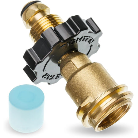 Brass propane tank adapter converting POL to QCC1 with a black tightening knob and protective blue dust cap.