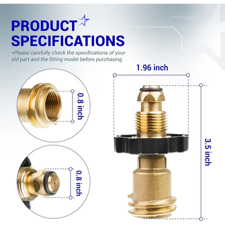 Propane tank adapter specification diagram showing dimensions for POL to QCC1 conversion fitting.