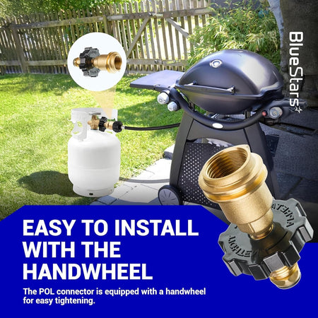 Propane tank adapter with handwheel for easy installation on POL to QCC1 connections.