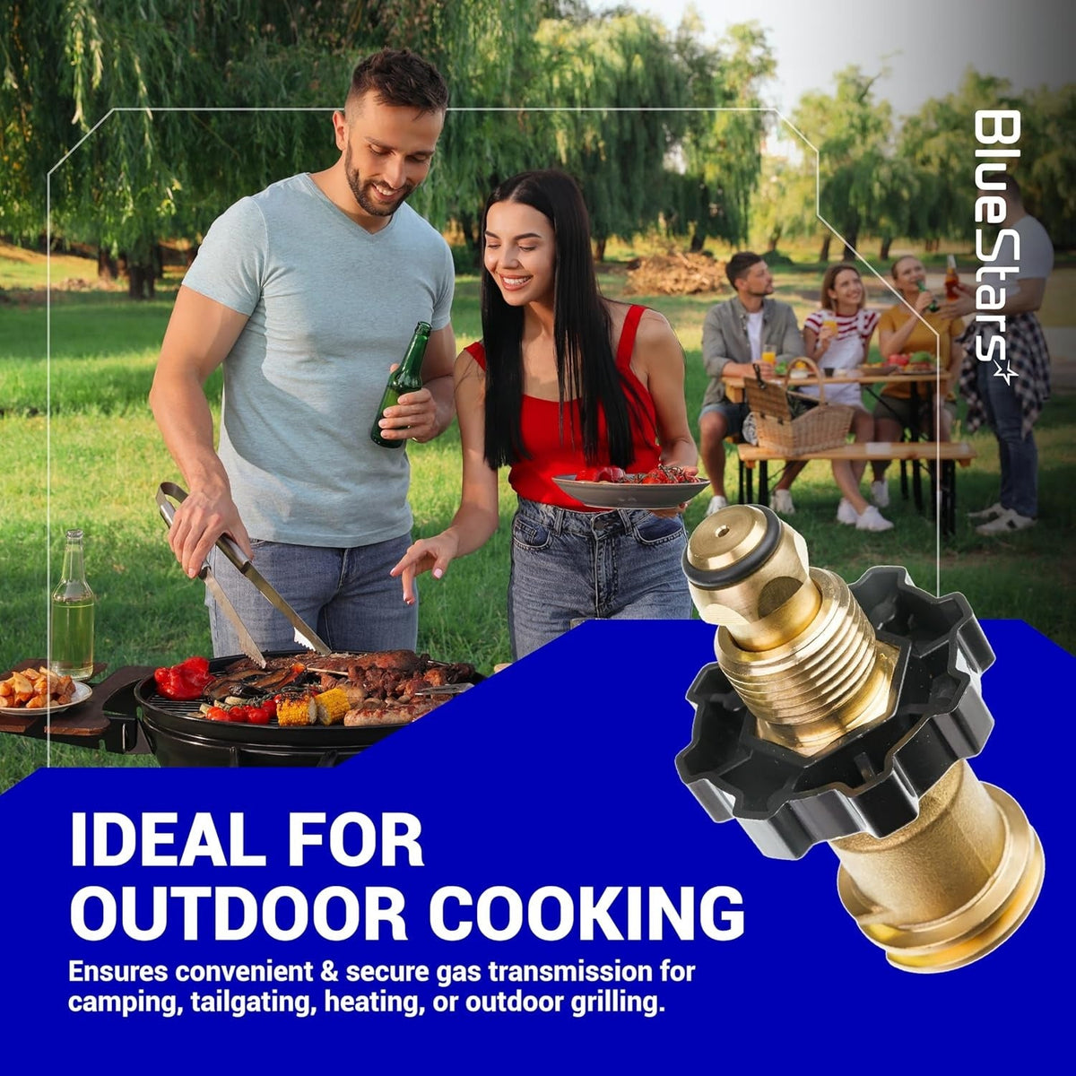 Propane tank adapter converting POL to QCC1 for outdoor grills and camping stoves shown in a lifestyle graphic.