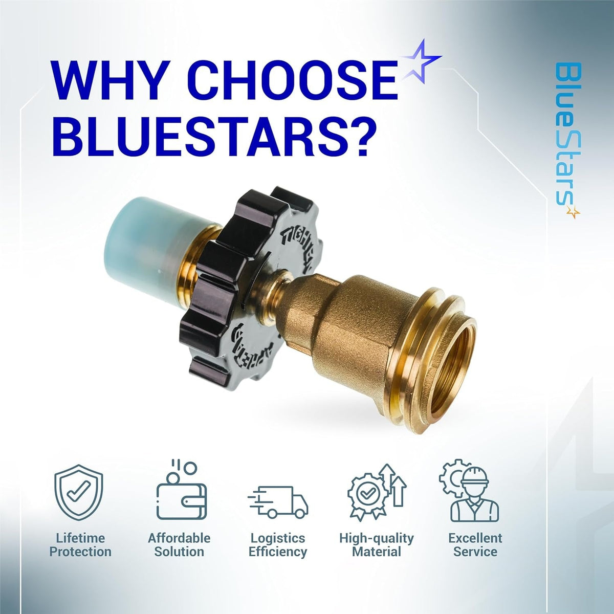 Propane tank adapter converting POL to QCC1 connection with BlueStars branding and service benefit icons.