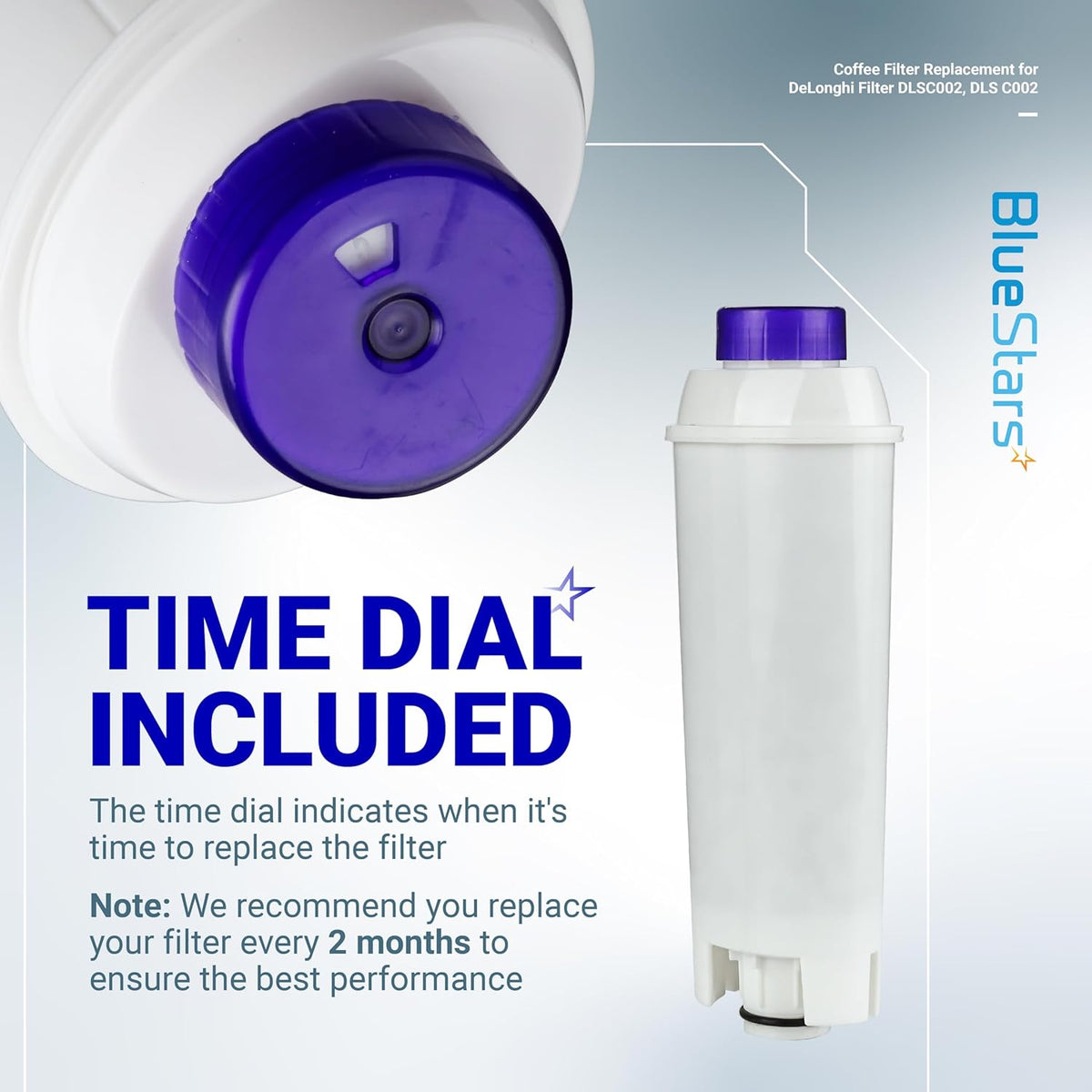 Close-up of Delonghi DLSC002 coffee machine water filter showing the integrated time dial for replacement tracking.