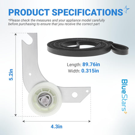 Dryer idler pulley and drive belt replacement kit with dimension specifications for Frigidaire and Kenmore dryers.