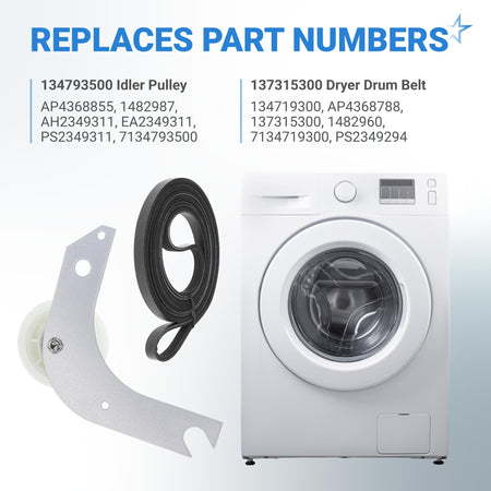 Dryer idler pulley and drive belt replacement kit with compatibility reference chart for Frigidaire and Kenmore dryers.