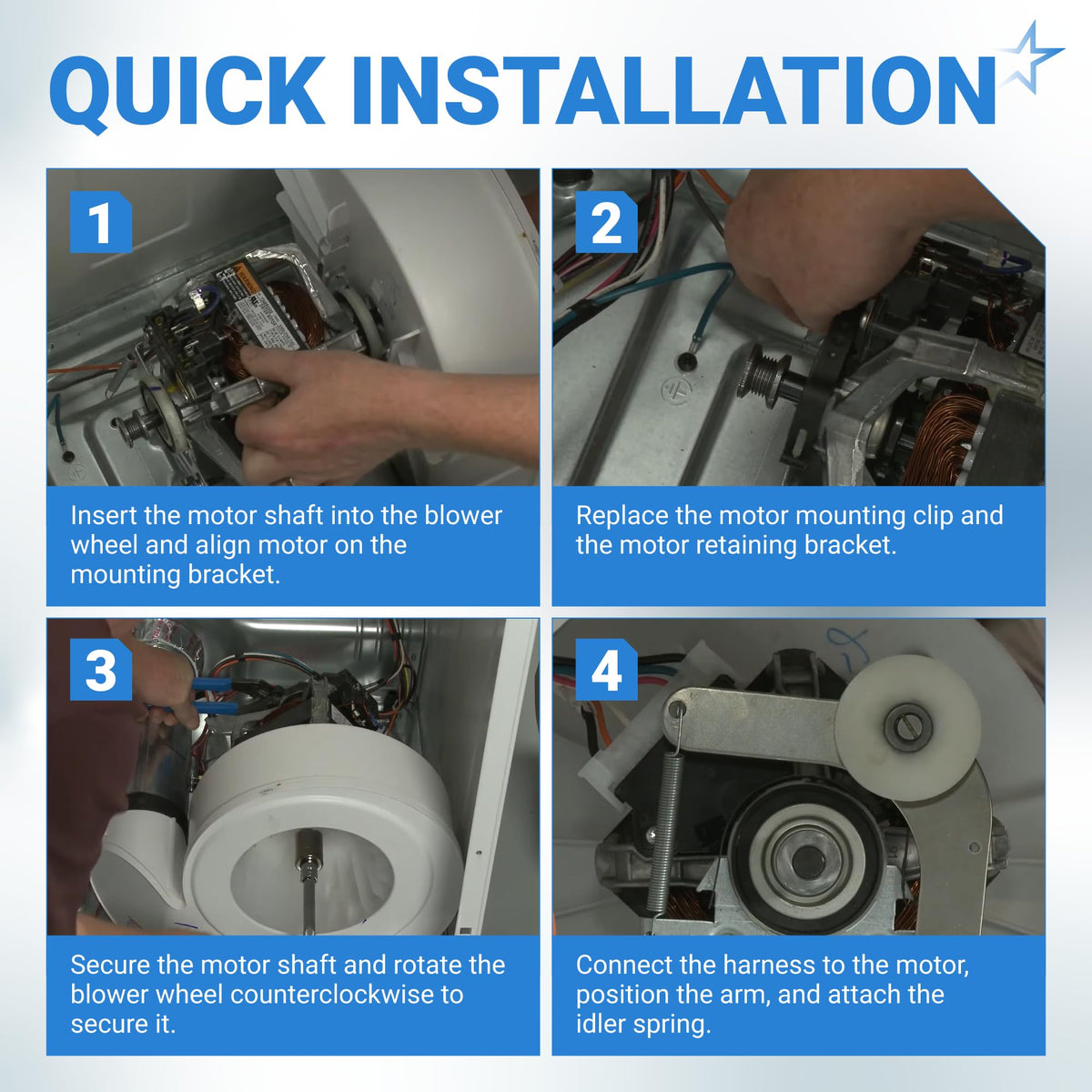 Four-step installation guide for dryer idler pulley and drive belt replacement on compatible dryers.