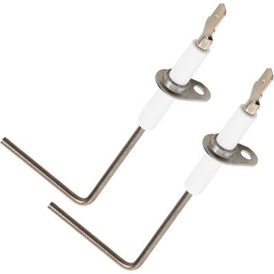 Two 62-23543-01 furnace flame sensors with L-shaped metal rods and white ceramic insulators.