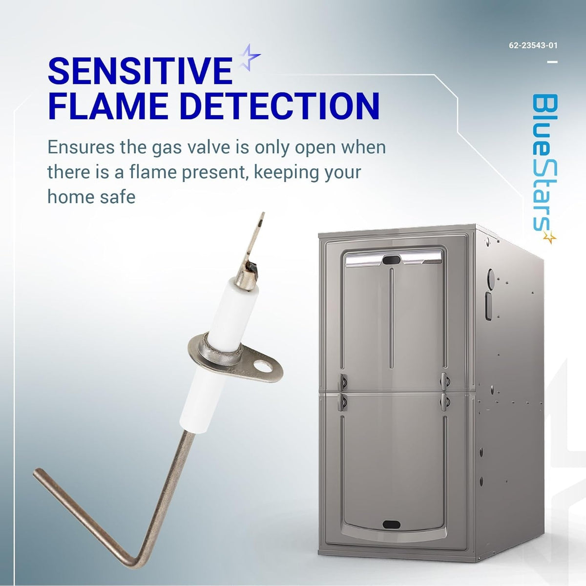 62-23543-01 furnace flame sensor component shown with a residential furnace unit for sensitive flame detection.