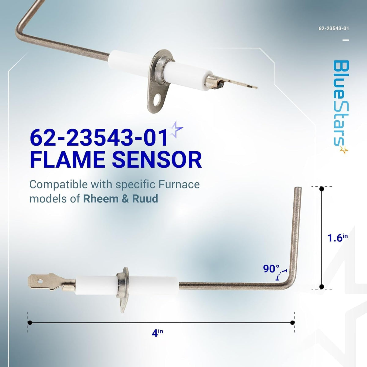 62-23543-01 furnace flame sensor showing dimensions and 90-degree angle for Rheem and Ruud furnace compatibility.
