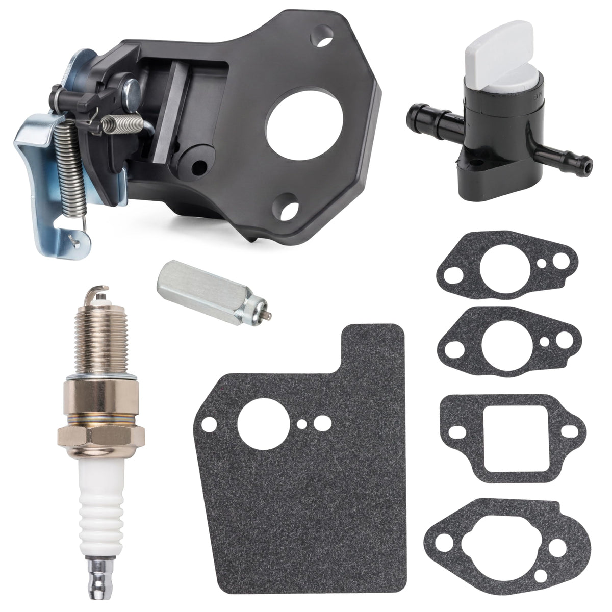 Honda GCV160 engine repair kit with thermo wax assembly, choke control, fuel shut-off valve, spark plug, and gaskets.