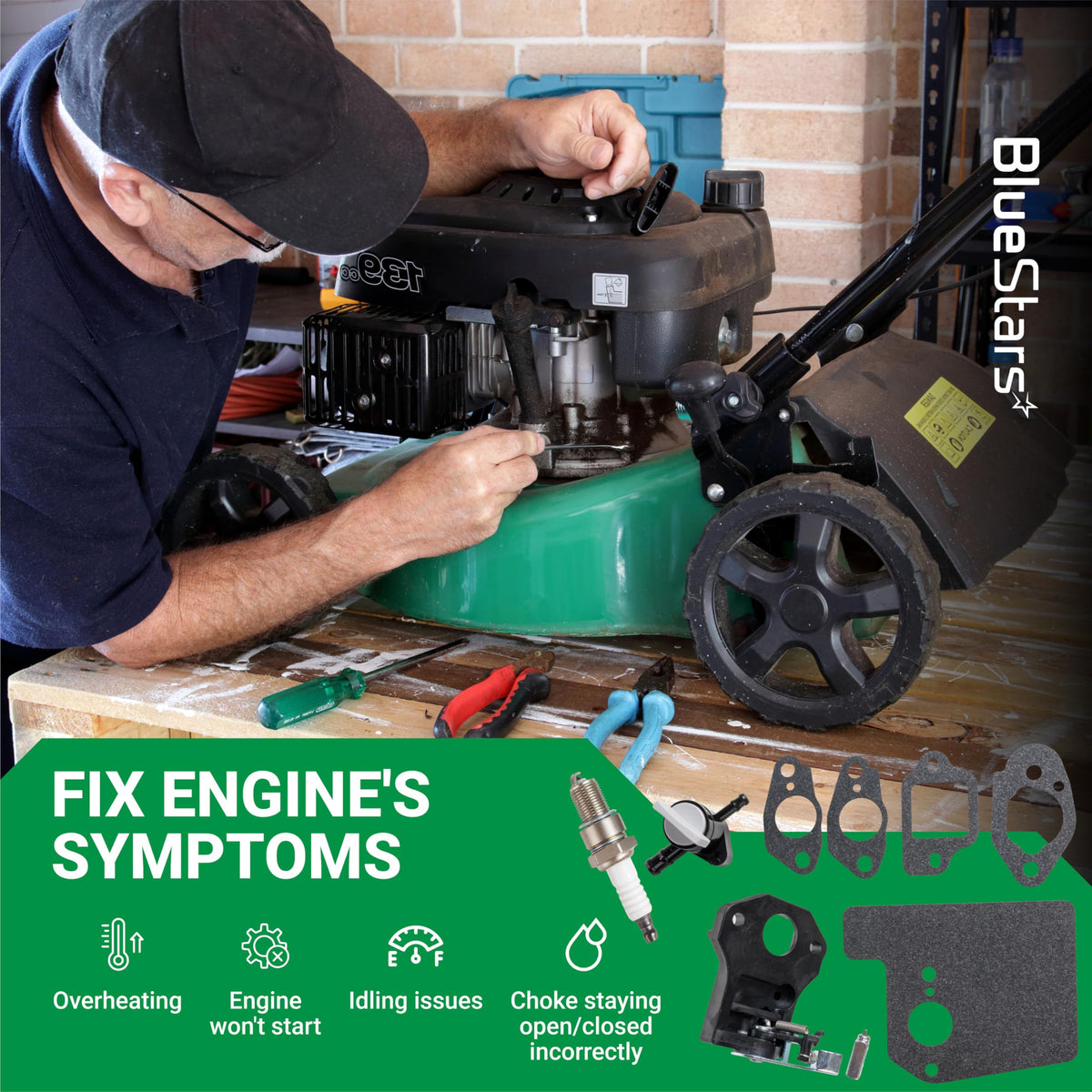 Mechanic repairing a Honda GCV160 lawn mower engine with thermo wax assembly and choke control parts displayed.