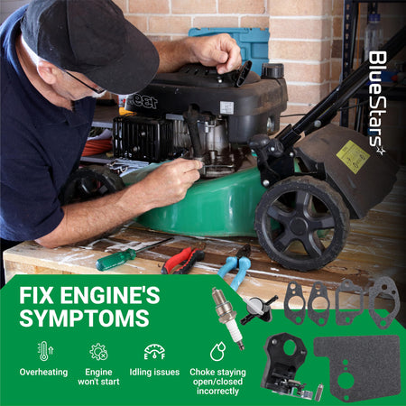 Mechanic repairing a Honda GCV160 lawn mower engine with thermo wax assembly and choke control parts displayed.