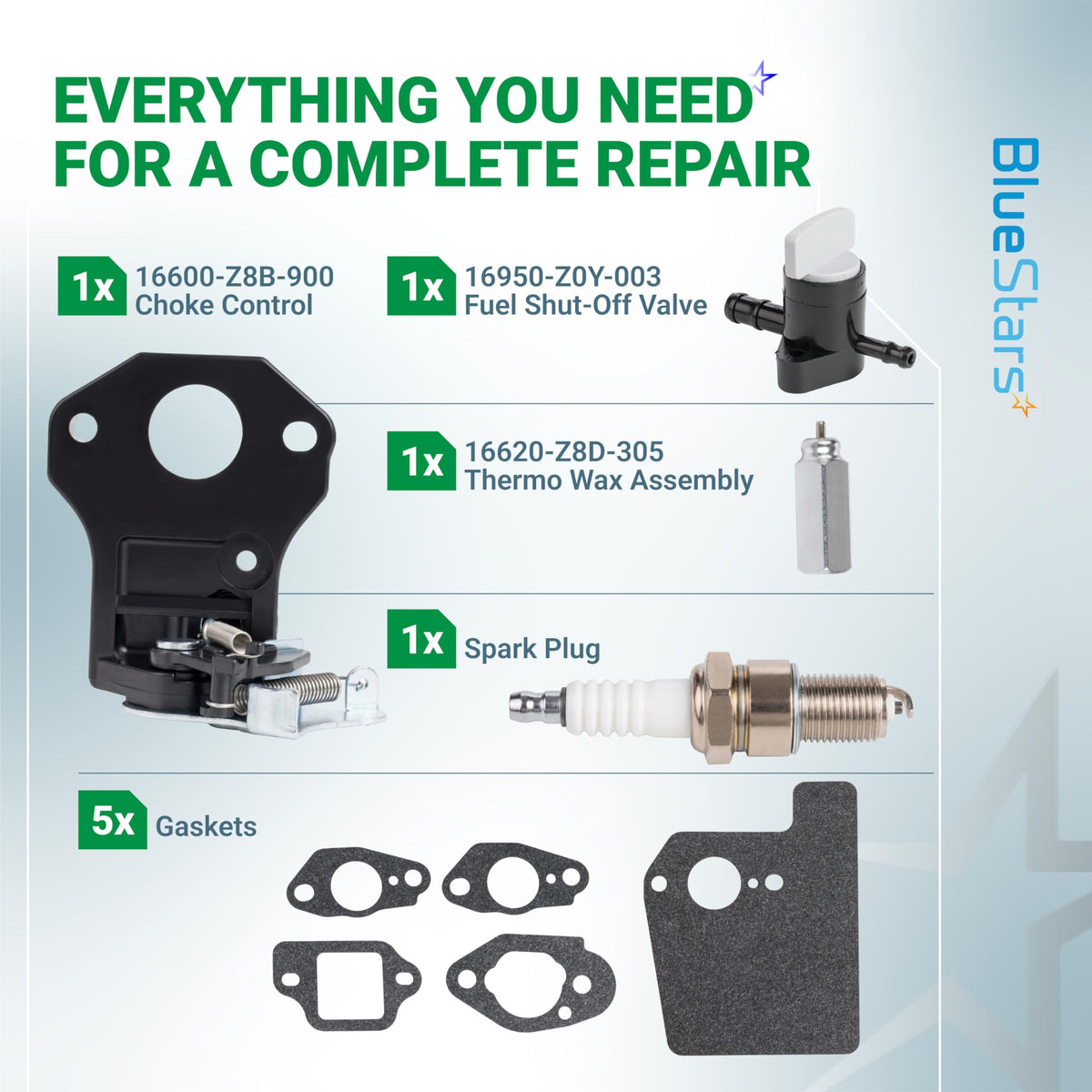 Repair kit for Honda GCV160 and GCV190 engines including choke control, thermo wax assembly, fuel valve, plug, and gaskets.