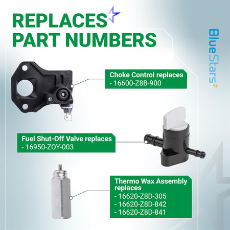 Infographic showing Honda lawn mower engine replacement parts: choke control, fuel shut-off valve, and thermo wax assembly.