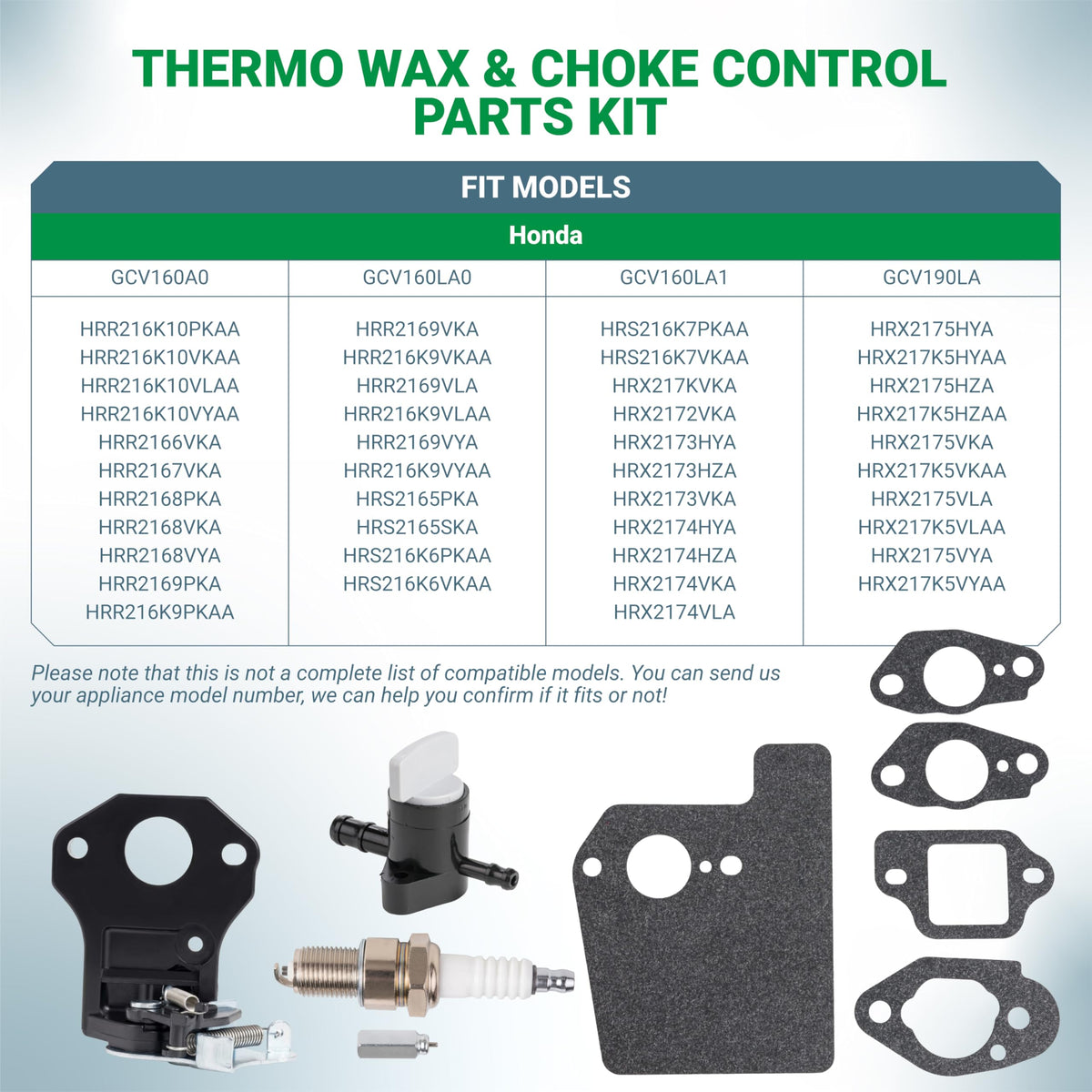 Honda GCV160 GCV190 lawn mower thermo wax assembly, choke control, fuel shut-off valve, and gasket kit with model chart.