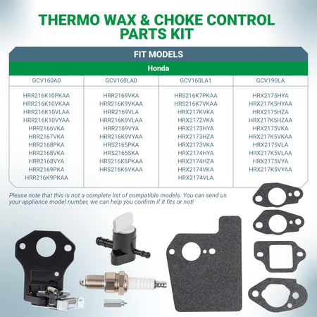 Honda GCV160 GCV190 lawn mower thermo wax assembly, choke control, fuel shut-off valve, and gasket kit with model chart.