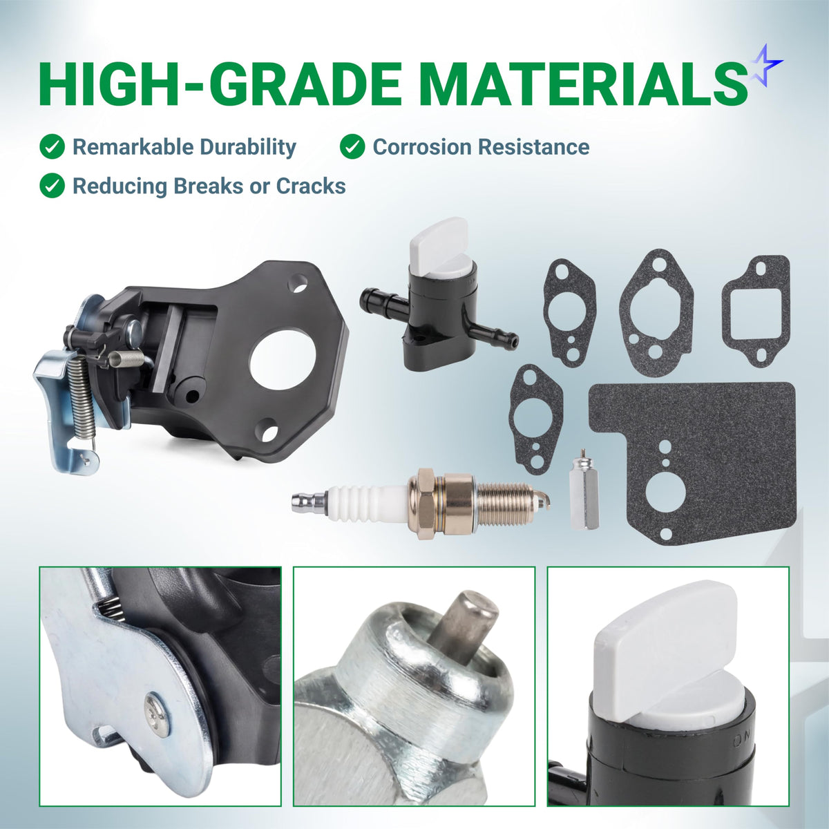 Honda GCV160 engine repair kit with thermo wax assembly, choke control, fuel shut-off valve, gaskets, and spark plug.