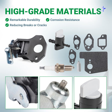 Honda GCV160 engine repair kit with thermo wax assembly, choke control, fuel shut-off valve, gaskets, and spark plug.