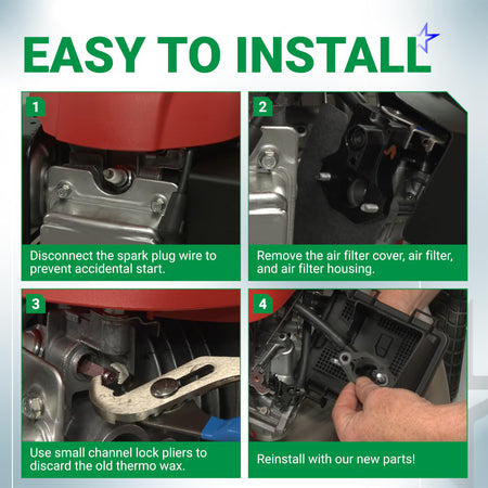 Four-step installation guide for Honda GCV160 lawn mower engine thermo wax and choke control parts.