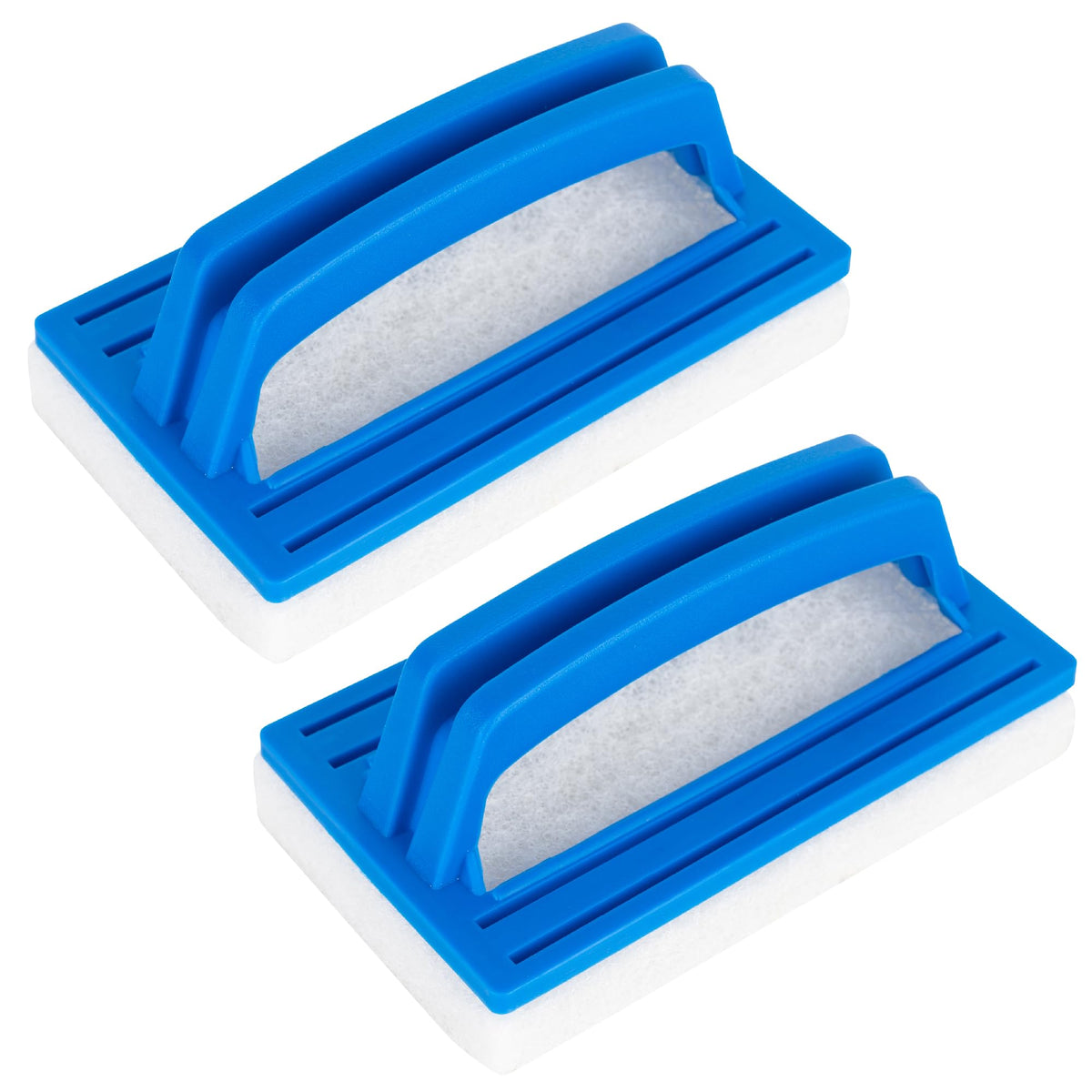 Two hand-held pool scrub brushes with blue plastic handles and white abrasive sponge pads.