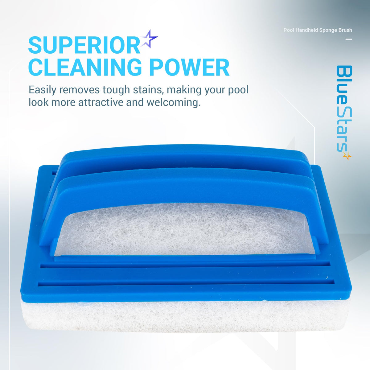 Single hand-held pool scrub brush with blue plastic handle and white abrasive sponge for cleaning tile and grout.