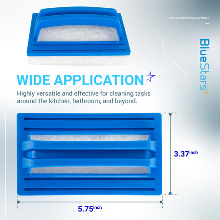 Hand-held sponge pool scrub brush showing dimensions of 5.75 inches by 3.37 inches.