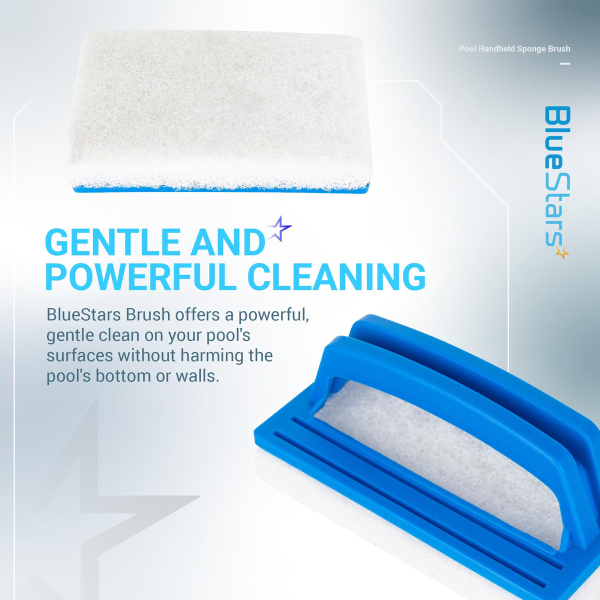Hand-held pool sponge scrub brush with blue plastic handle and white abrasive cleaning pad.