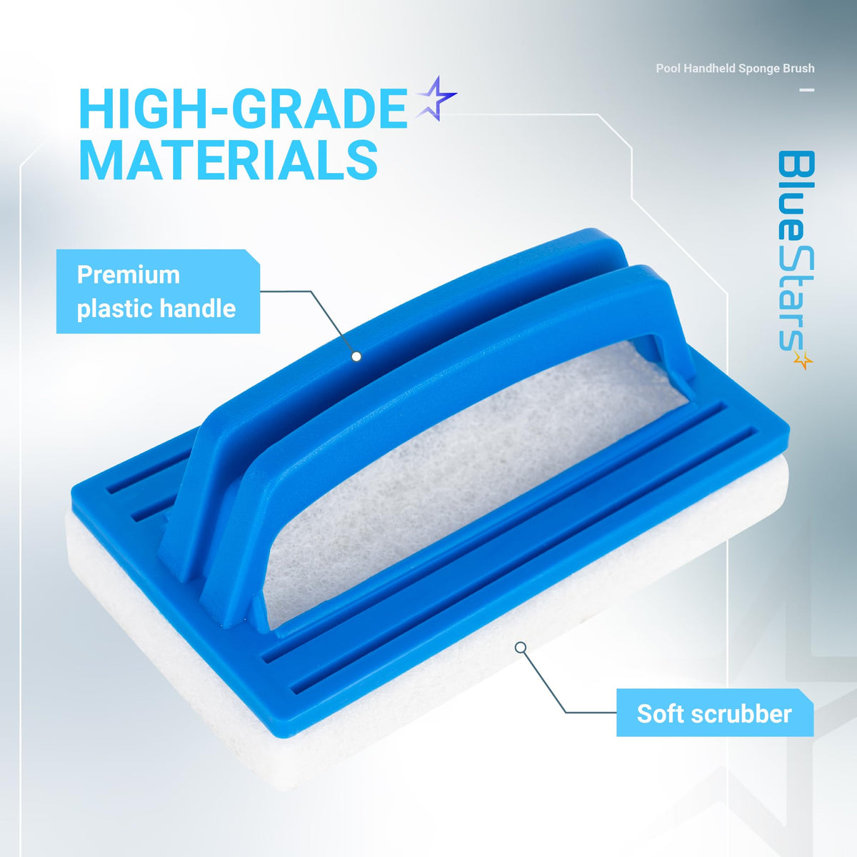 Hand-held pool sponge scrub brush with a blue plastic handle and white soft scrubber pad.