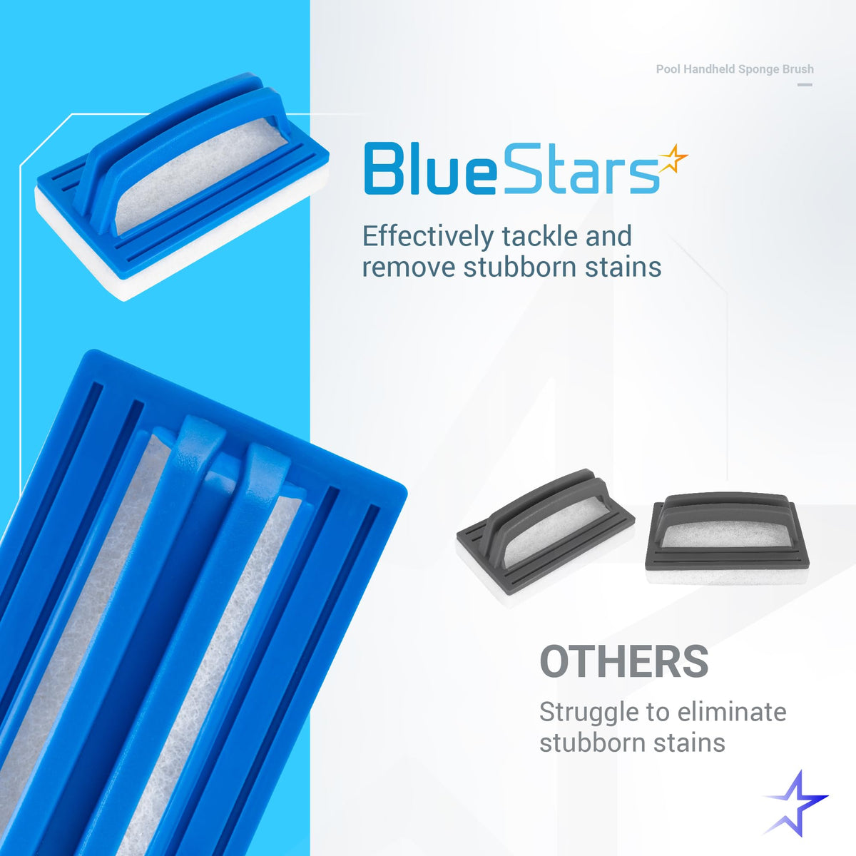 Comparison graphic showing BlueStars hand-held pool sponge scrub brush versus standard gray brushes.