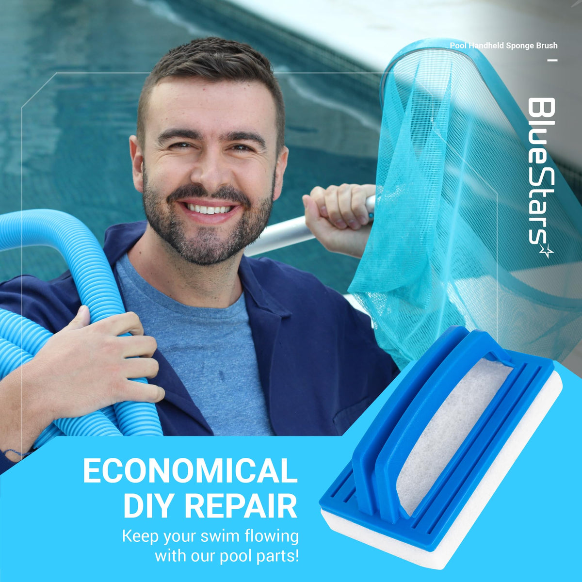Hand-held sponge pool scrub brush for cleaning tile, grout, and vinyl liners.