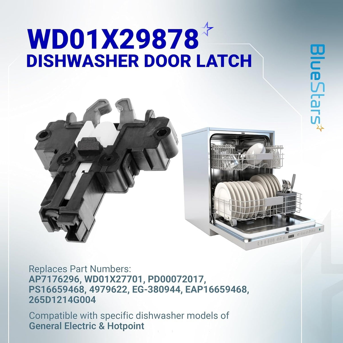 WD01X29878 dishwasher door latch replacement part for GE and Hotpoint dishwashers shown with product information.